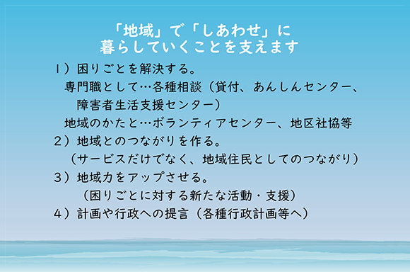 茅ヶ崎市社協は「地域」で「しあわせ」に暮らしていくことを支えます。<br>　　　　１）困りごとを解決する。<br>　　　　２）地域とのつながりを作る。<br>　　　　３）地域力をアップさせる。<br>　　　　４）計画や行政への提言